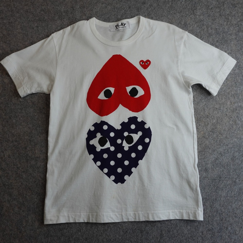 Comme des Garçons PLAY Double Heart Graphic T-Shirt Mens L White Polka Dot Logo